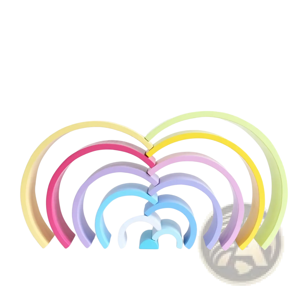 Pastel-colored wooden rainbow stacking arch bridge with 12 nested pieces puzzle toy for creative play