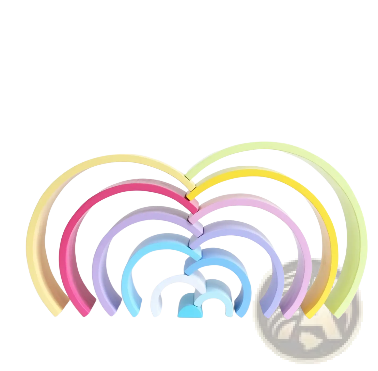 Pastel-colored wooden rainbow stacking arch bridge with 12 nested pieces puzzle toy for creative play