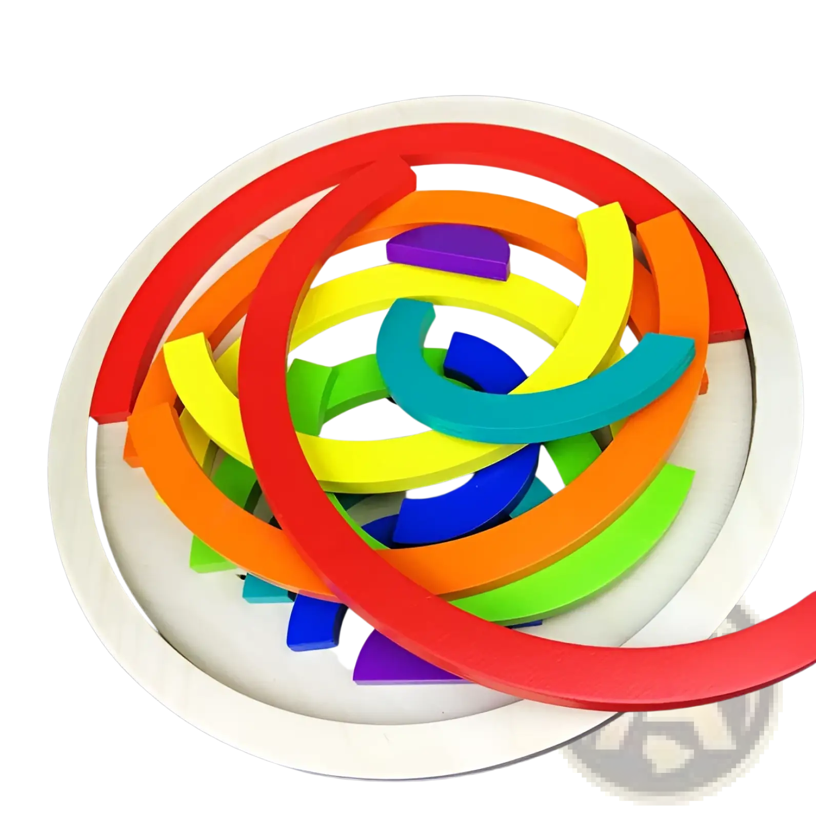 A vibrant rainbow wooden stacking arch bridge 12 piece puzzle toy arranged in a spiral on a white base