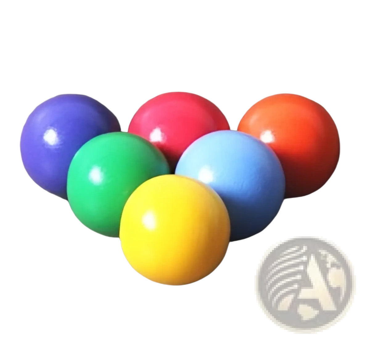 Six glossy colorful plastic balls in purple red orange green blue and yellow on wooden surface for stacking arch toy