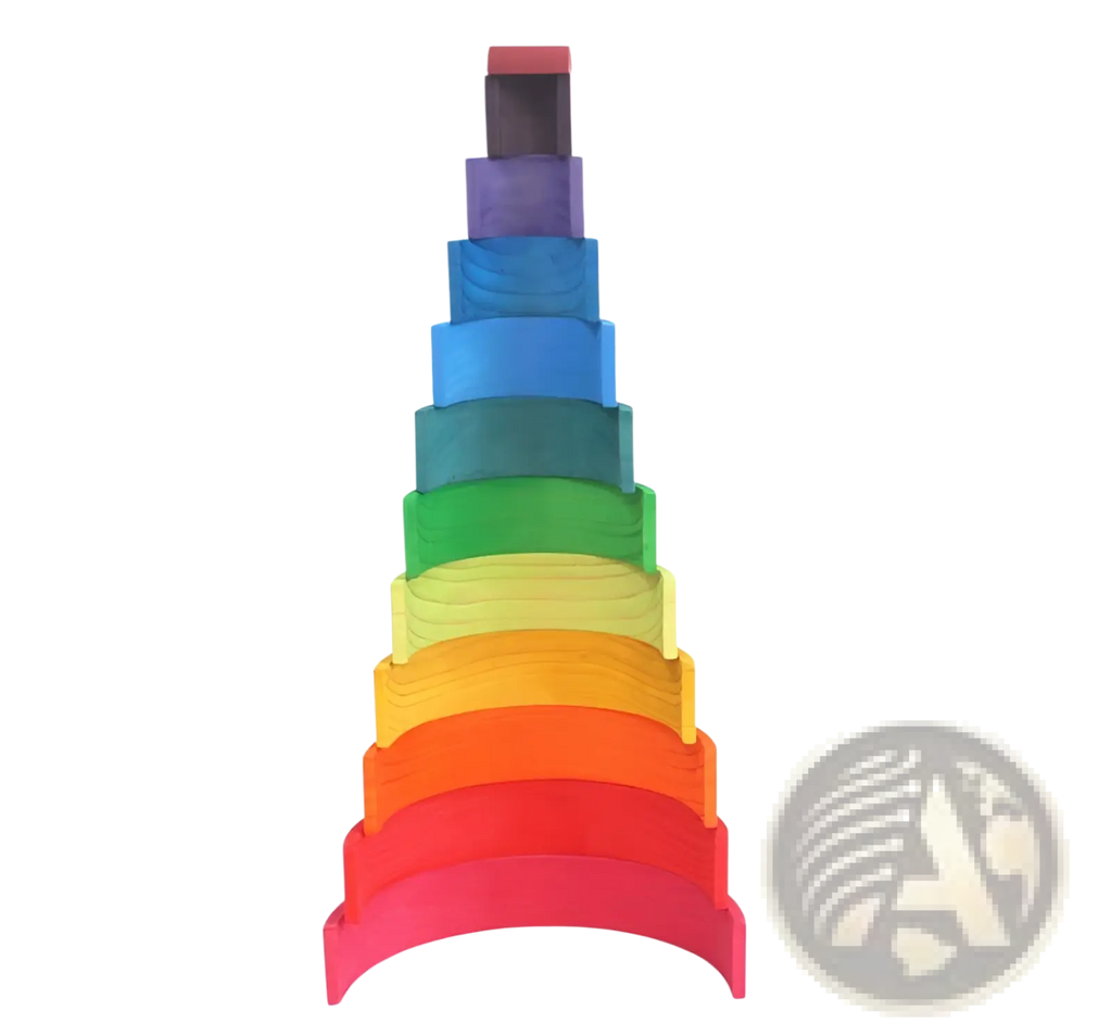 Rainbow wooden stacking arch bridge 12 piece puzzle toy featuring colorful tapered blocks in an arched formation