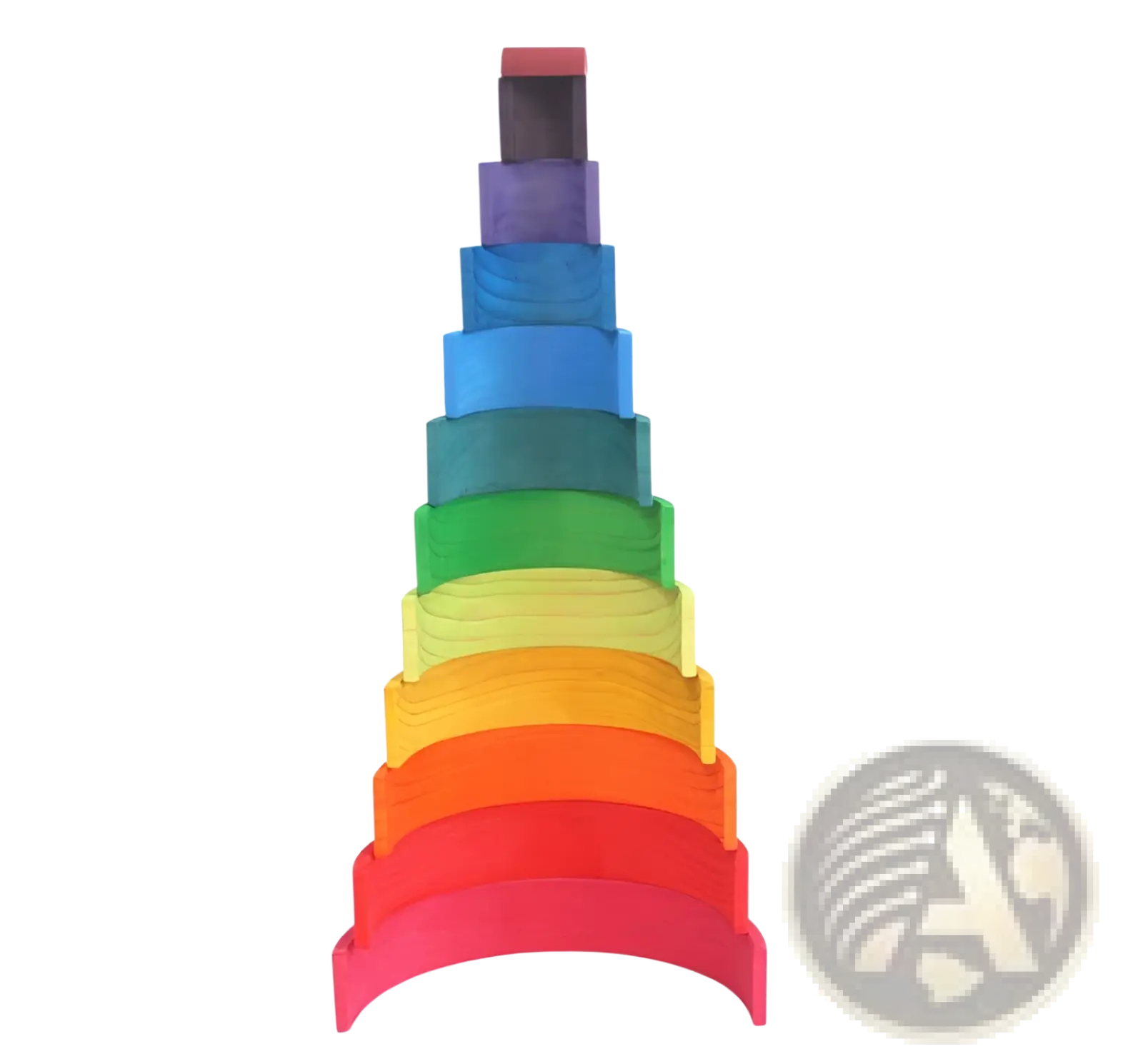 Rainbow wooden stacking arch bridge 12 piece puzzle toy featuring colorful tapered blocks in an arched formation
