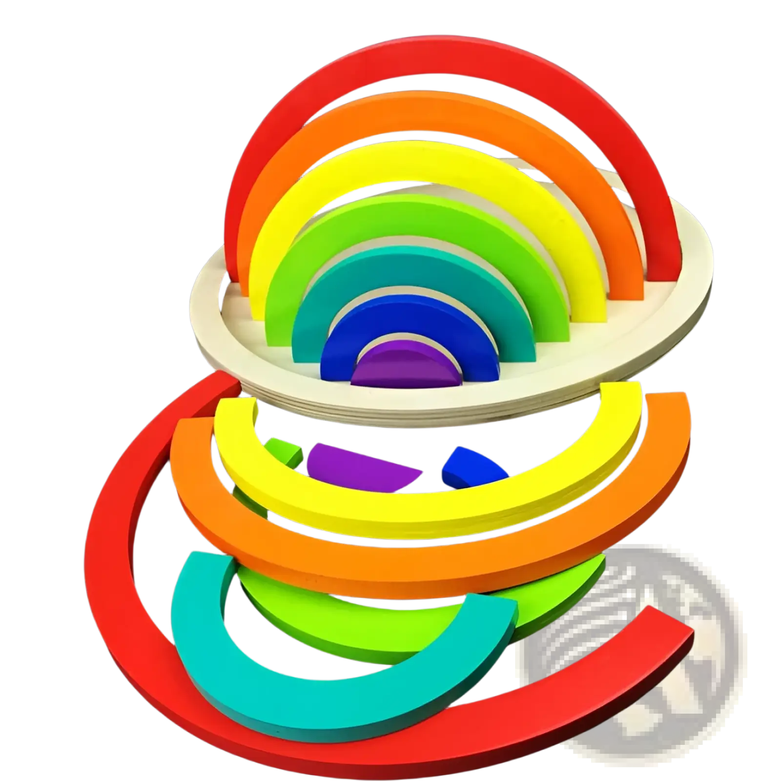 Vibrant rainbow wooden stacking arch bridge 12 piece puzzle toy featuring nested colorful wooden arches