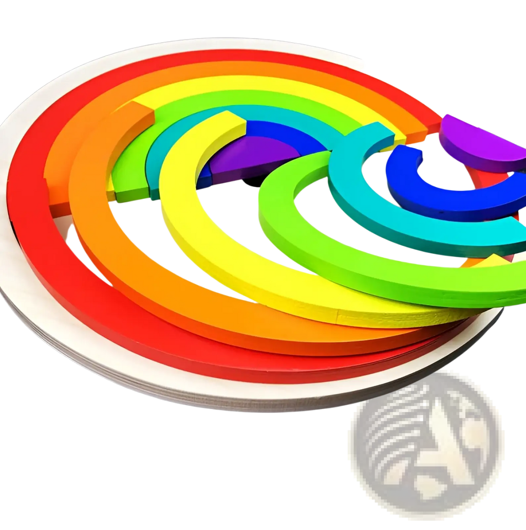 Rainbow wooden stacking arch bridge 12 piece puzzle toy with colorful arches on a circular base for stacking play