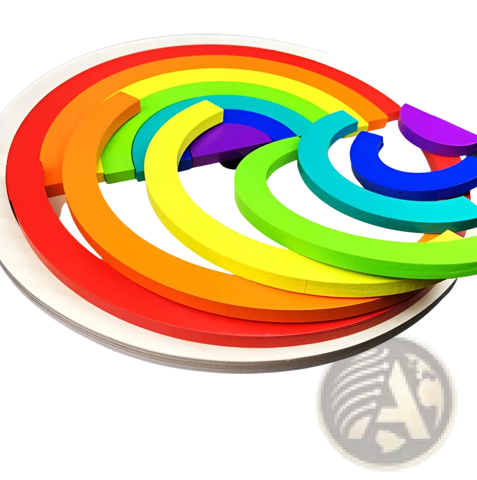 Rainbow wooden stacking arch bridge 12 piece puzzle toy with colorful arches on a circular base for stacking play