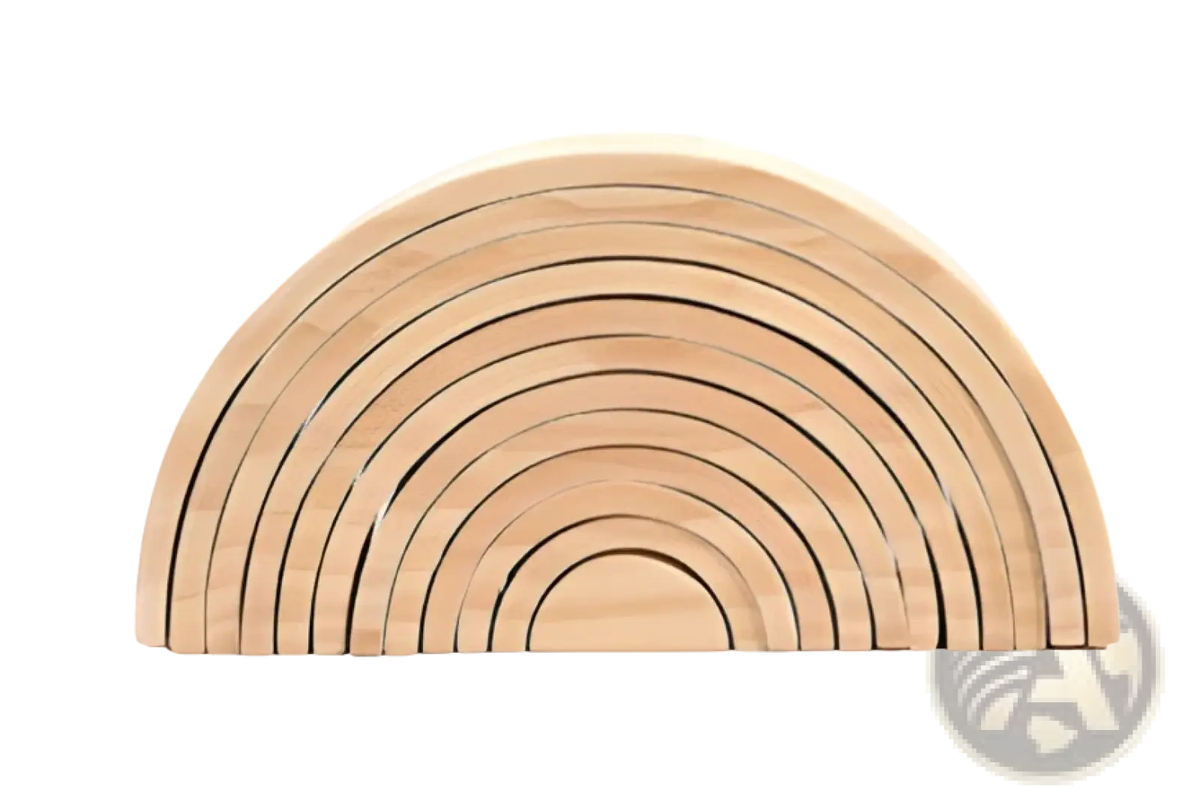 Natural wood rainbow wooden stacking arch bridge 12 piece puzzle toy with smooth rounded edges and concentric grooves