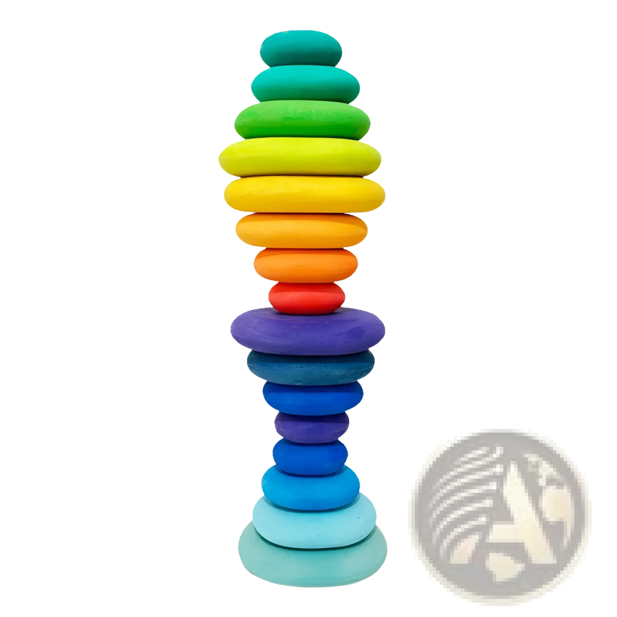 A vibrant rainbow wooden stacking arch bridge puzzle featuring 12 smooth rounded stones in teal to purple hues