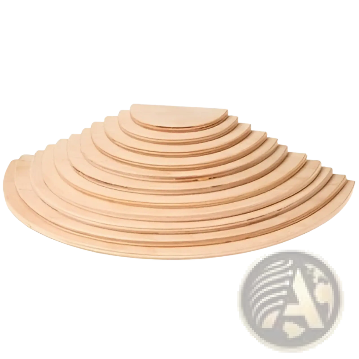 Light-colored wooden circular step set with smooth edges and natural wood grain from rainbow wooden stacking arch bridge toy