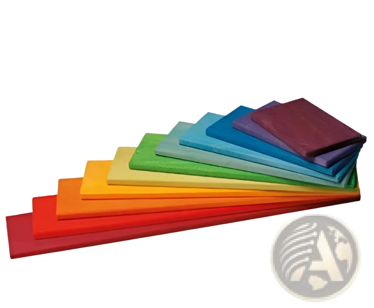 Rainbow wooden stacking arch bridge 12 piece puzzle toy with rainbow-colored wooden blocks arranged in ascending order