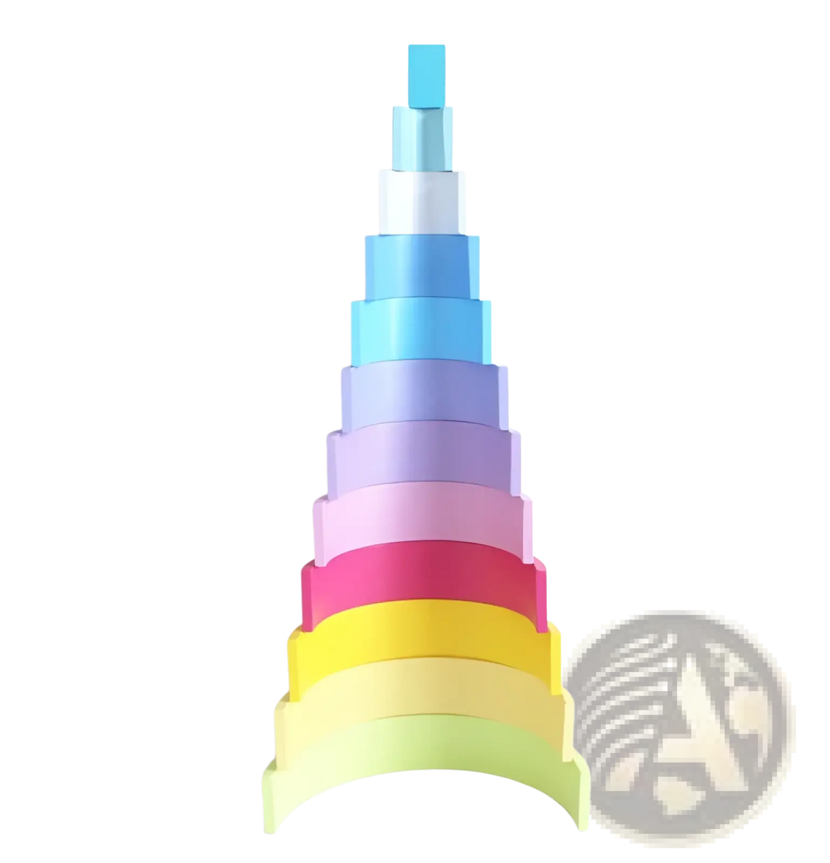 Rainbow wooden stacking arch bridge 12 piece puzzle toy with colorful tapered cone formation blocks