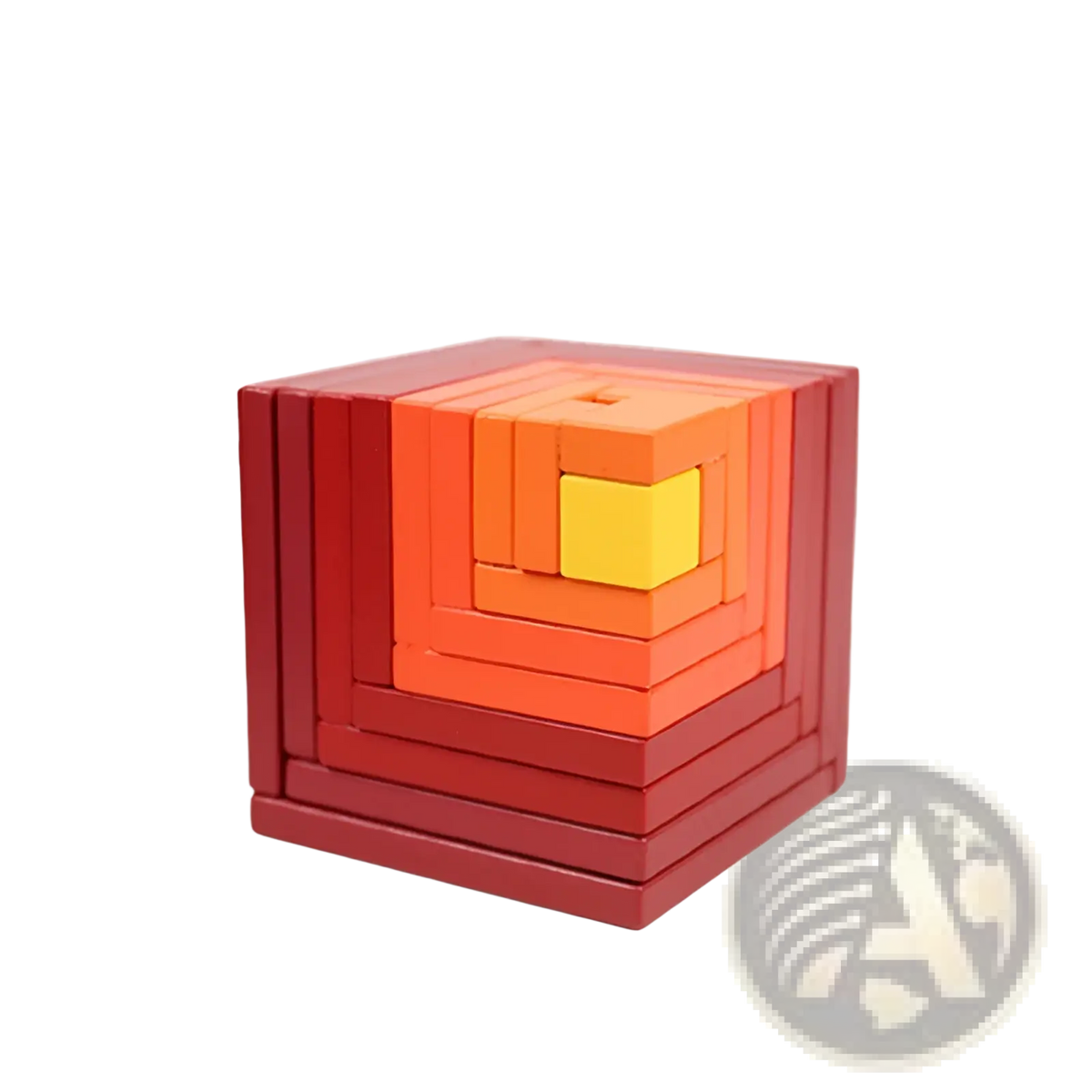 A vibrant red and orange wooden nesting cube set with a bright yellow centerpiece from rainbow wooden stacking arch bridge puzzle toy