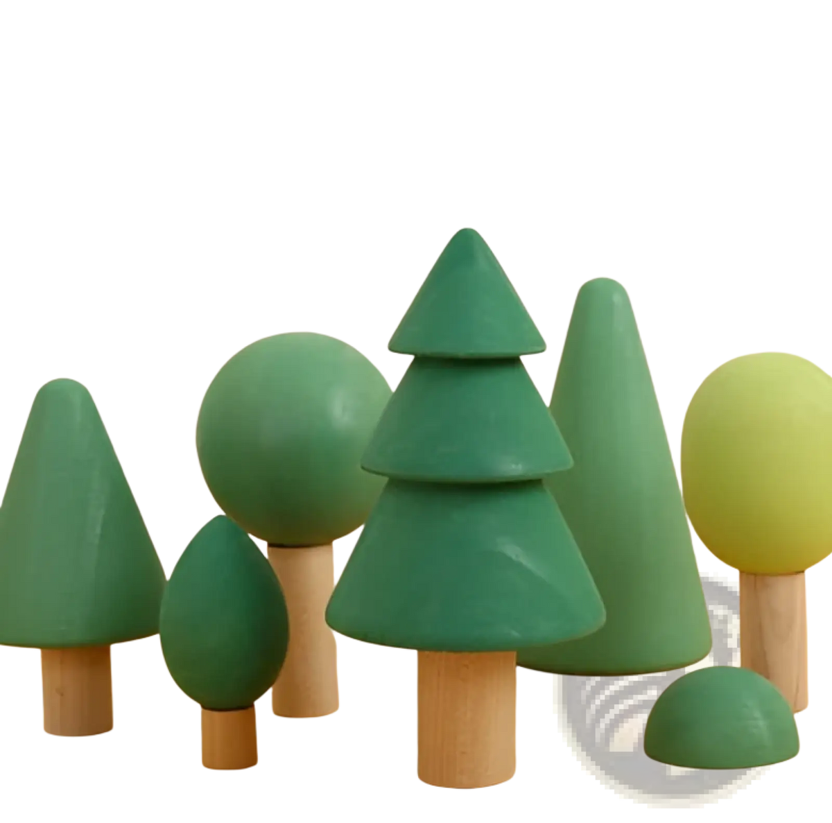 Set of wooden toy trees in varying green shades with simple shapes mounted on light wood sticks for stacking play