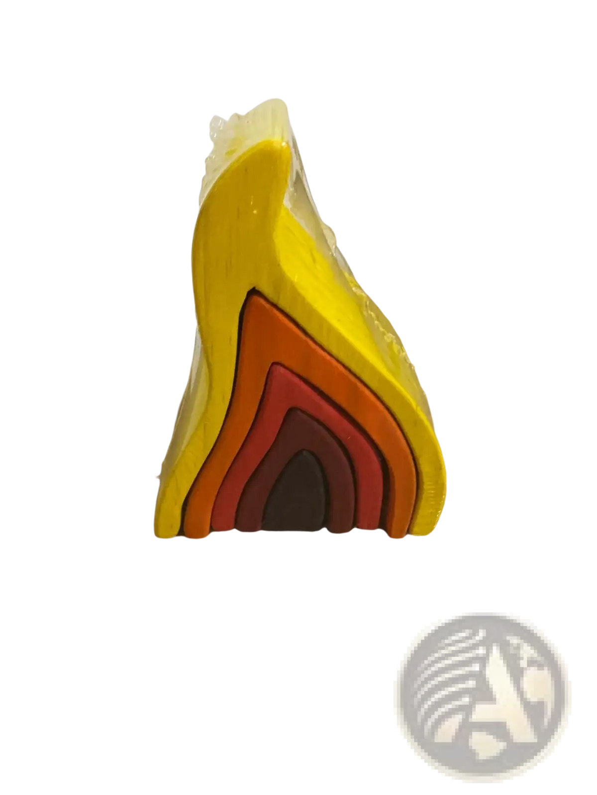 Vibrant rainbow wooden stacking arch bridge puzzle toy with 12 layered fire-shaped pieces in yellow to dark red hues