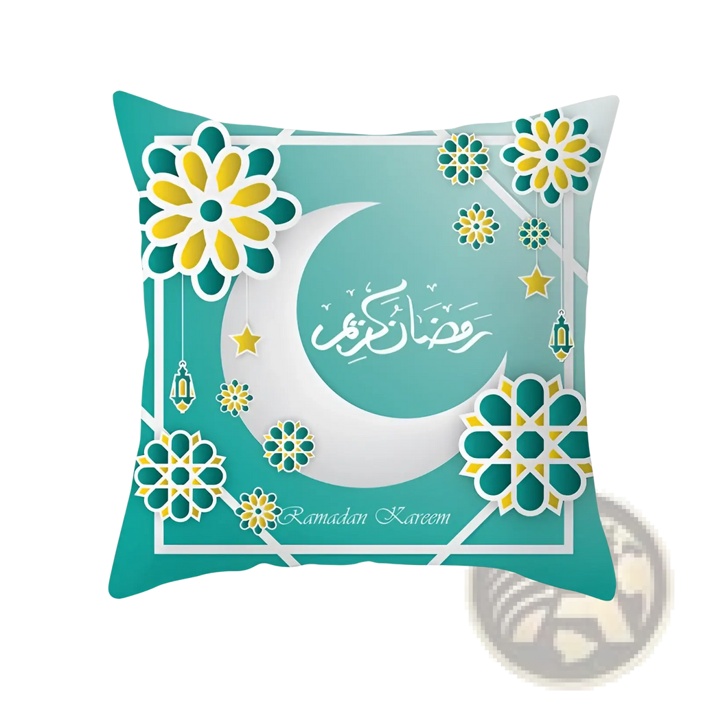 Ramadan Kareem blue gold lantern Eid pillowcase featuring teal and white crescent moon and Arabic calligraphy design