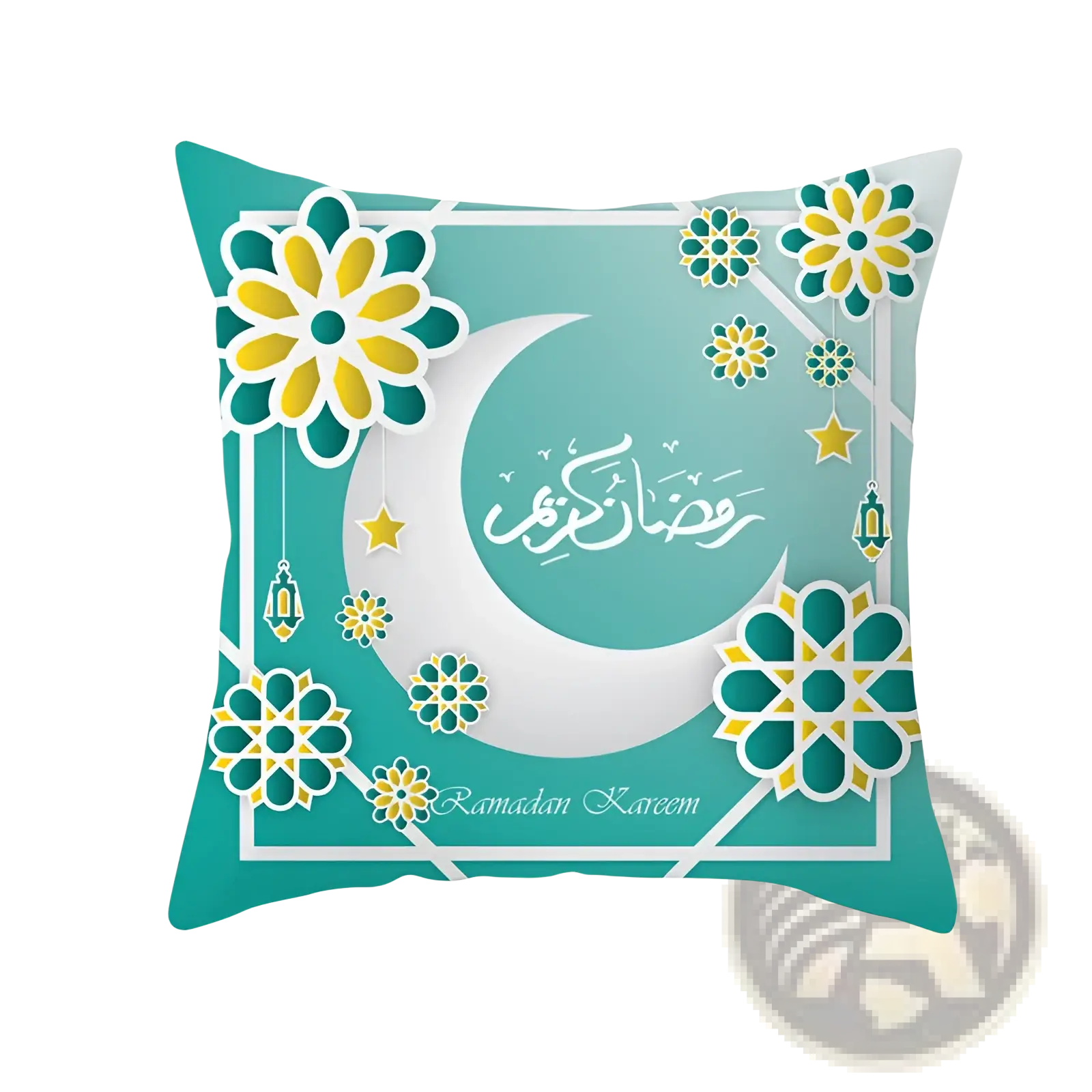 Ramadan Kareem blue gold lantern Eid pillowcase featuring teal and white crescent moon and Arabic calligraphy design