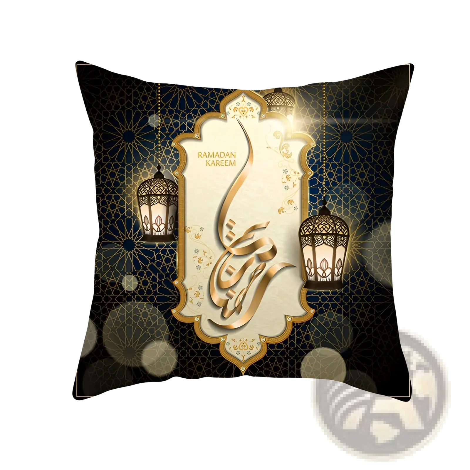 Ramadan kareem black and gold decorative throw pillow with islamic geometric patterns lanterns and arabic calligraphy