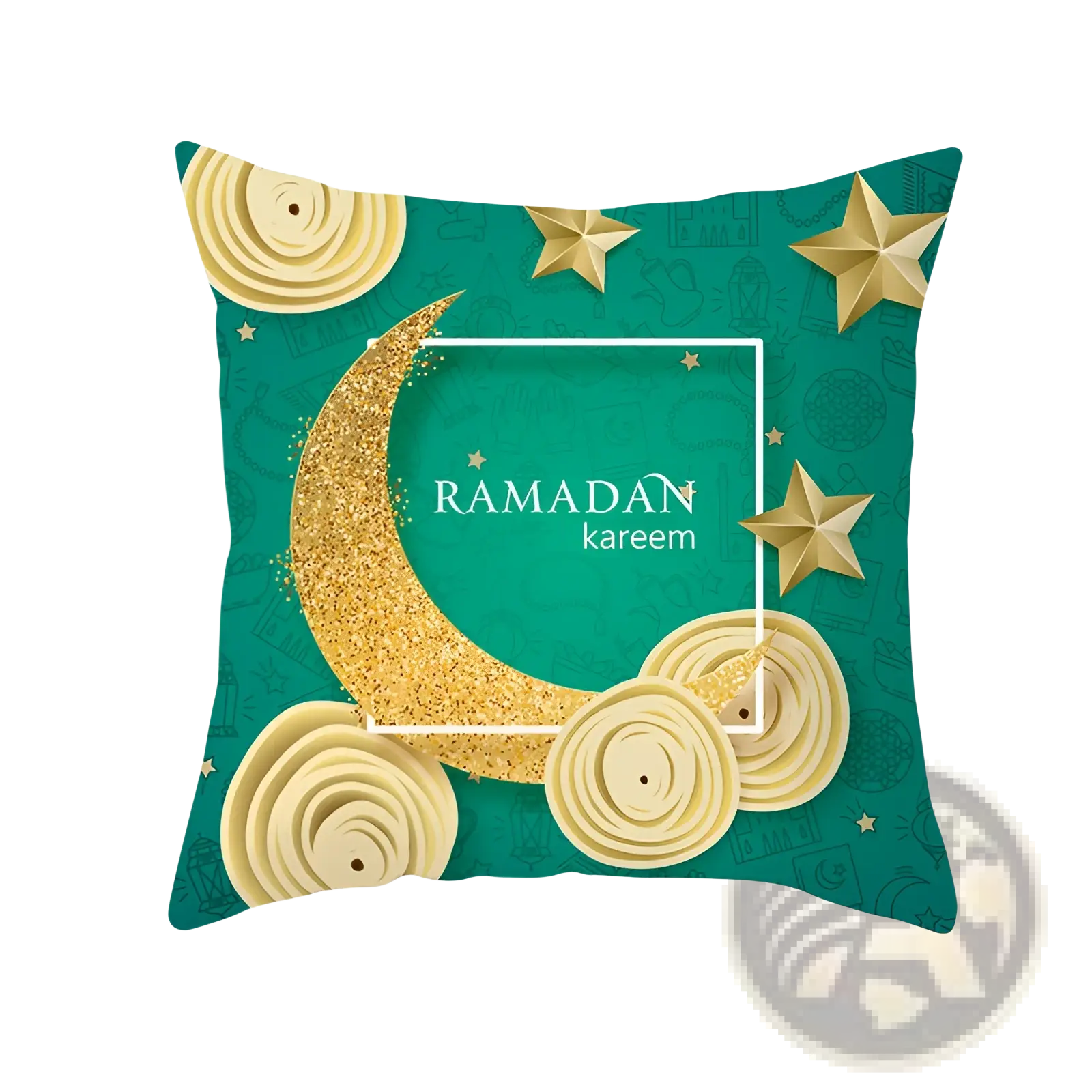 Ramadan kareem blue gold lantern eid pillowcase with teal cushion featuring glittering gold crescent moon and cream stars