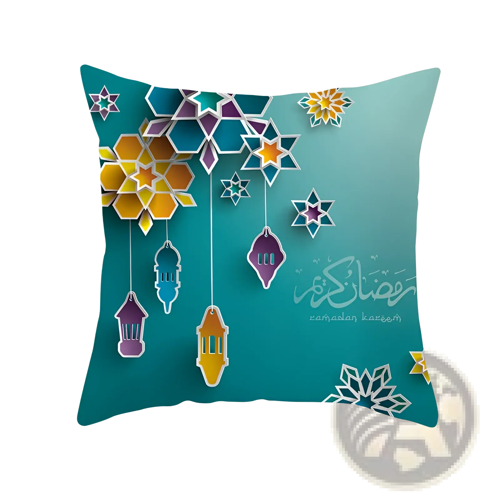Ramadan Kareem blue gold lantern eid pillowcase featuring a teal cushion with vibrant yellow purple and blue hanging lanterns and stars design