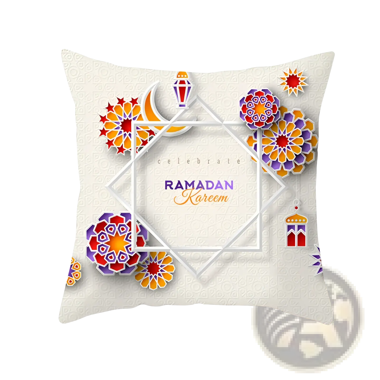 Ramadan Kareem blue gold lantern Eid pillowcase square cushion with cream fabric and orange purple paper-cut floral patterns