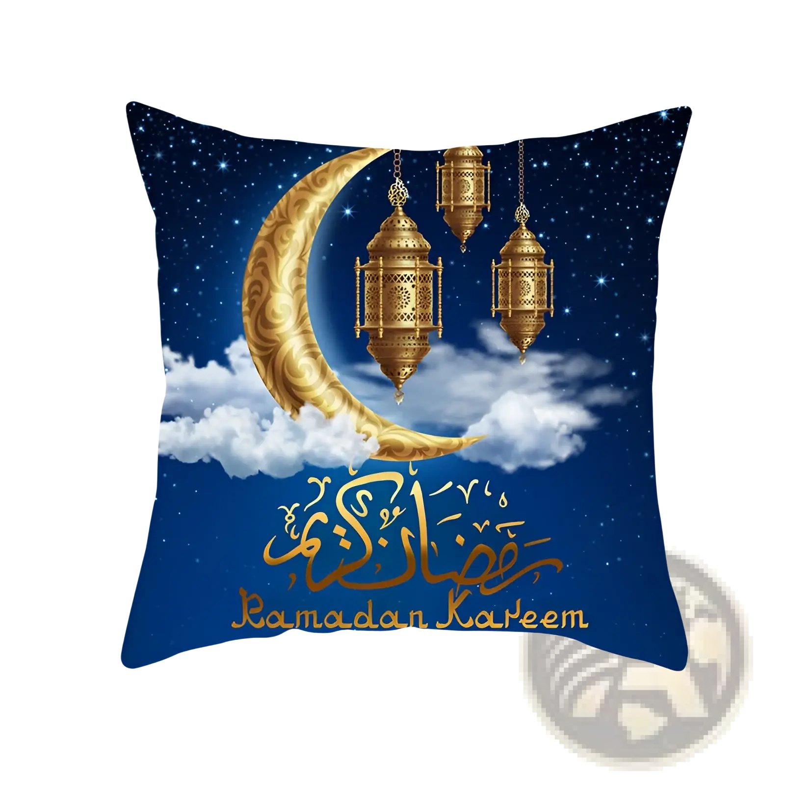 Ramadan Kareem blue gold lantern Eid pillowcase with deep blue background golden Arabic calligraphy and crescent moon design