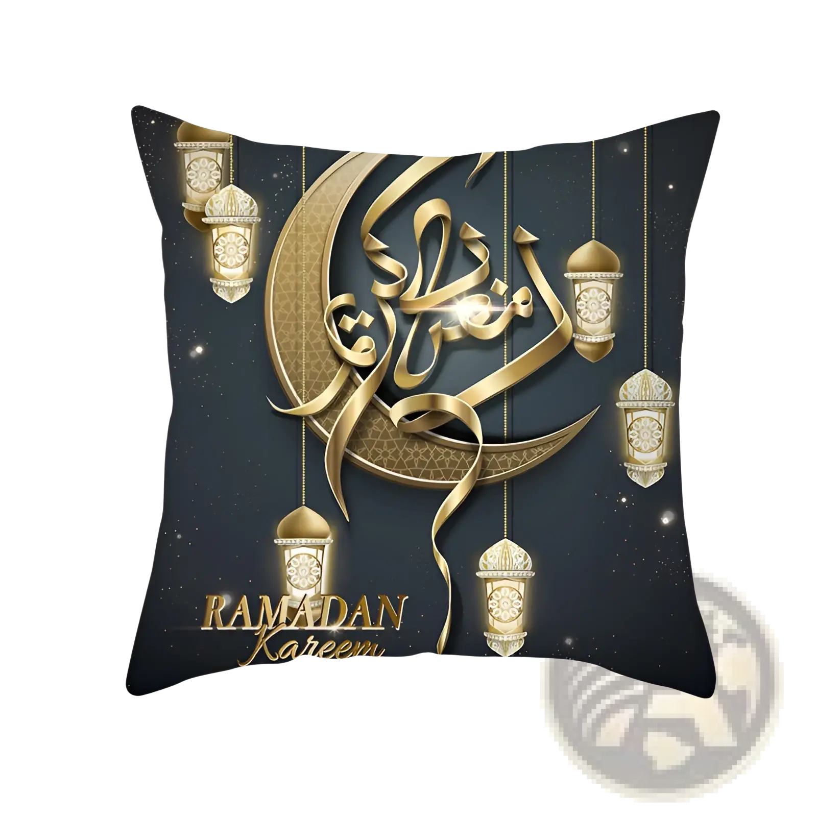 Dark blue throw pillowcase with gold arabic calligraphy lanterns crescent moon and ramadan kareem text for eid decor