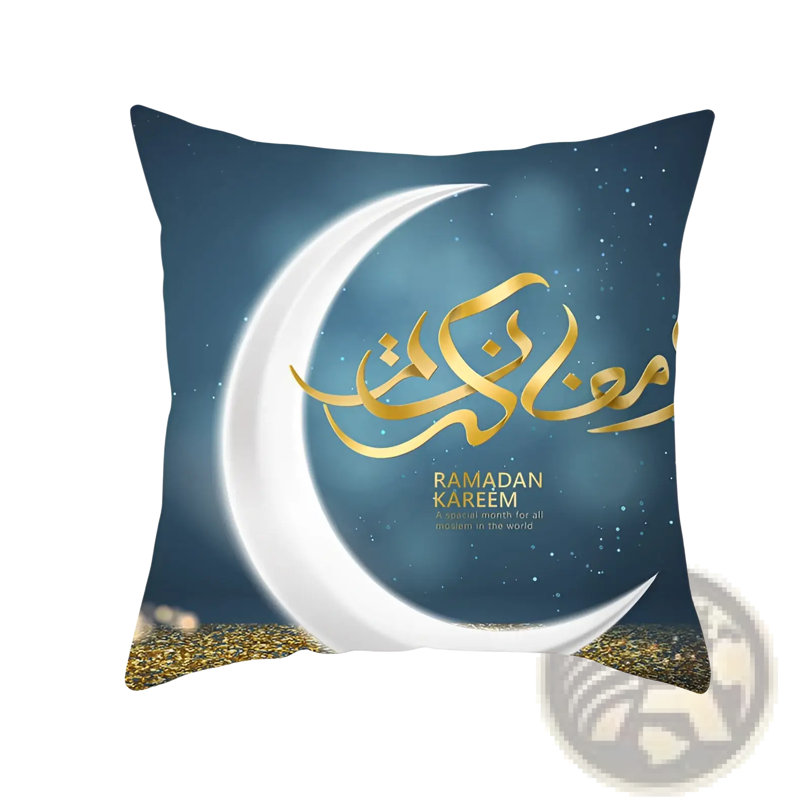 Ramadan Kareem blue gold lantern Eid pillowcase with deep blue crescent moon and golden Arabic calligraphy design