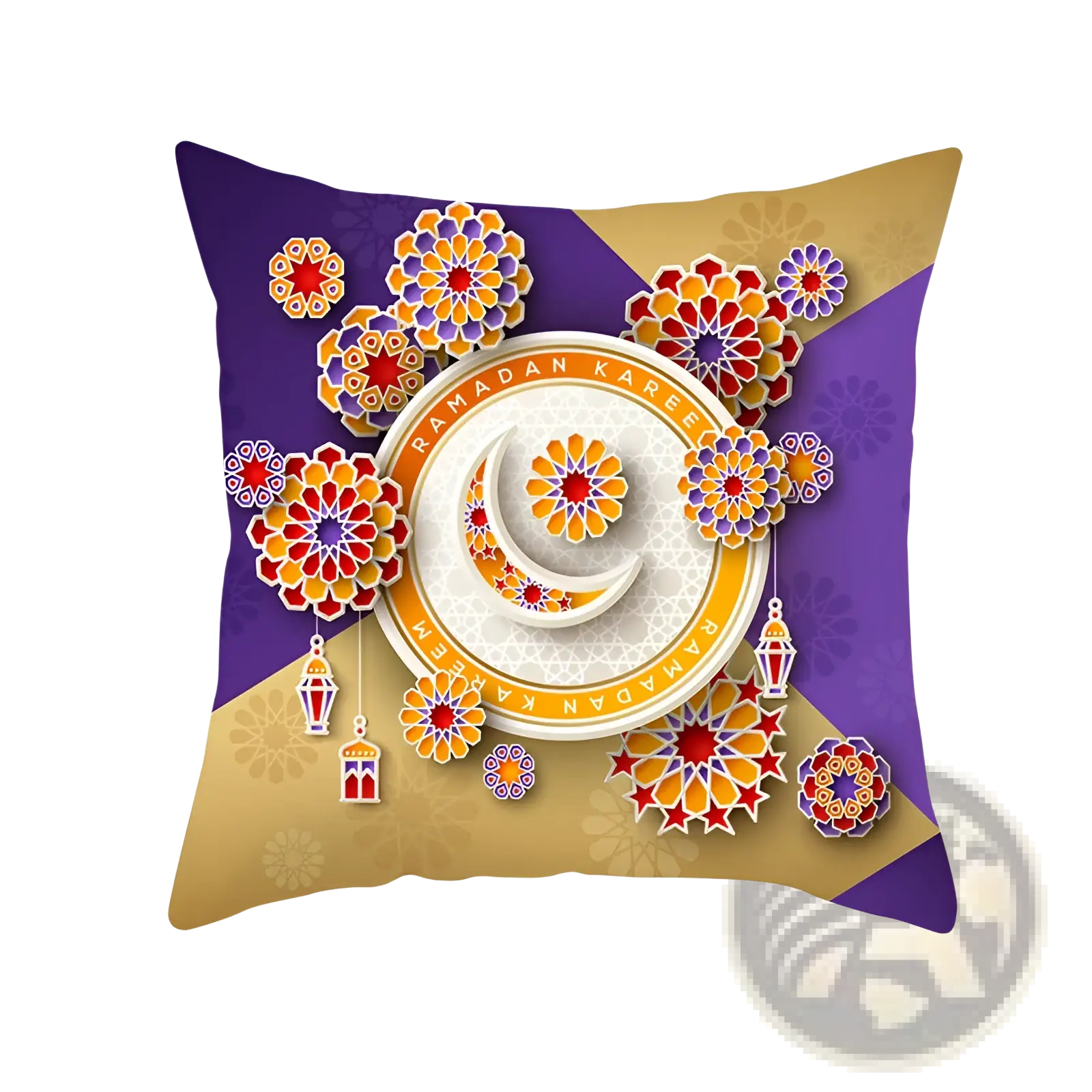 Ramadan Kareem blue gold lantern Eid pillowcase featuring a vibrant purple and gold throw pillow with floral crescent design