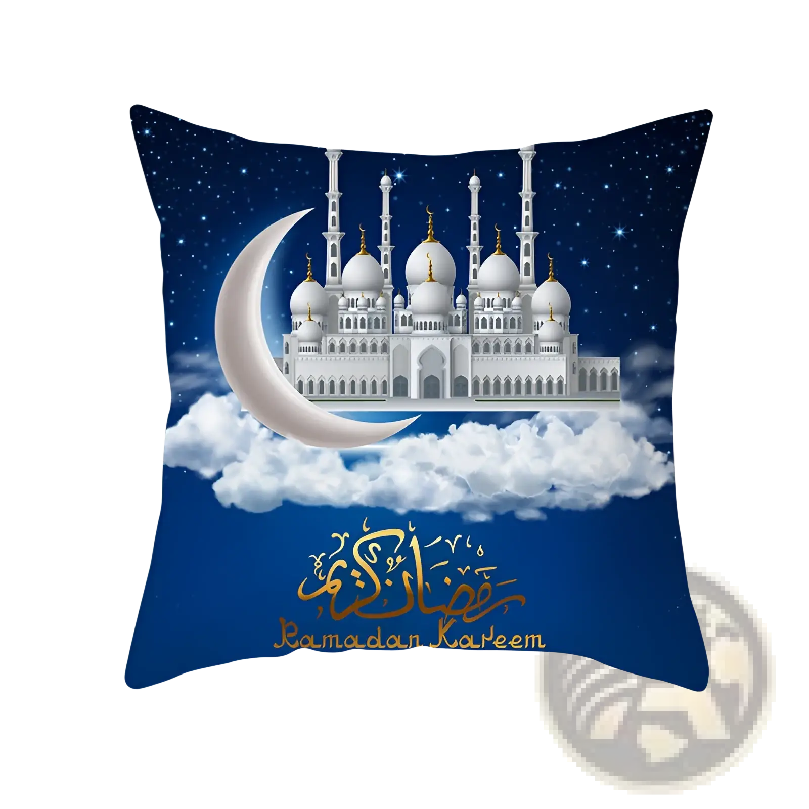 Ramadan kareem blue gold lantern eid pillowcase featuring a white mosque with golden domes under a night sky