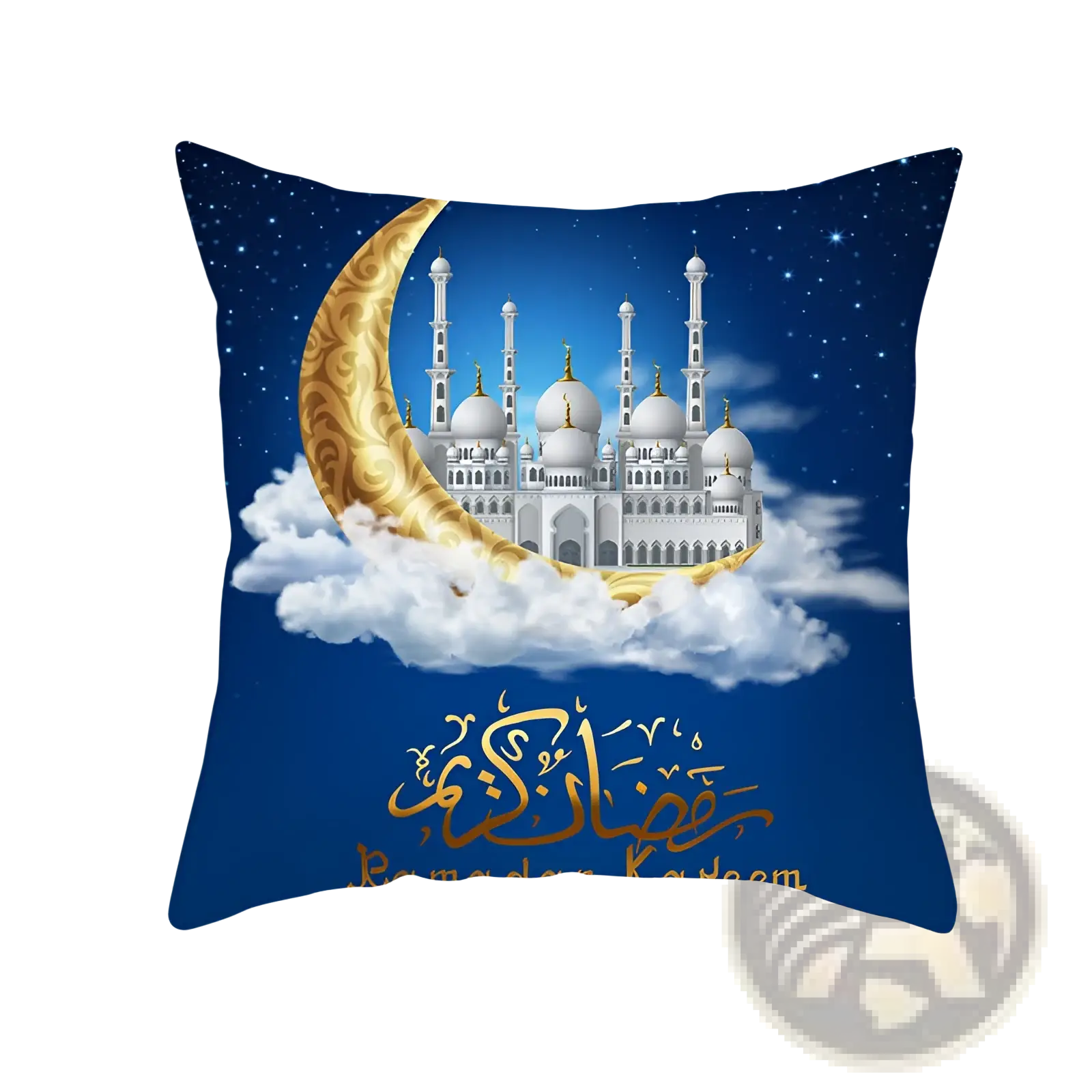 Ramadan kareem blue gold lantern eid pillowcase with white mosque and golden domes on clouds and crescent moon