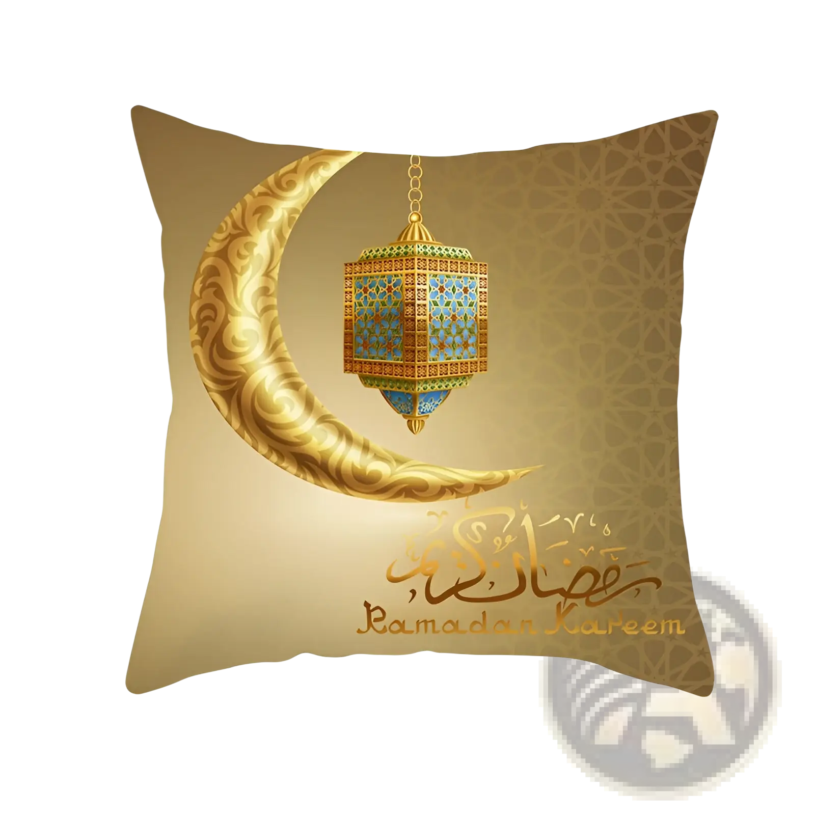 Ramadan kareem blue gold lantern eid pillowcase with golden crescent moon and intricate blue tile patterns