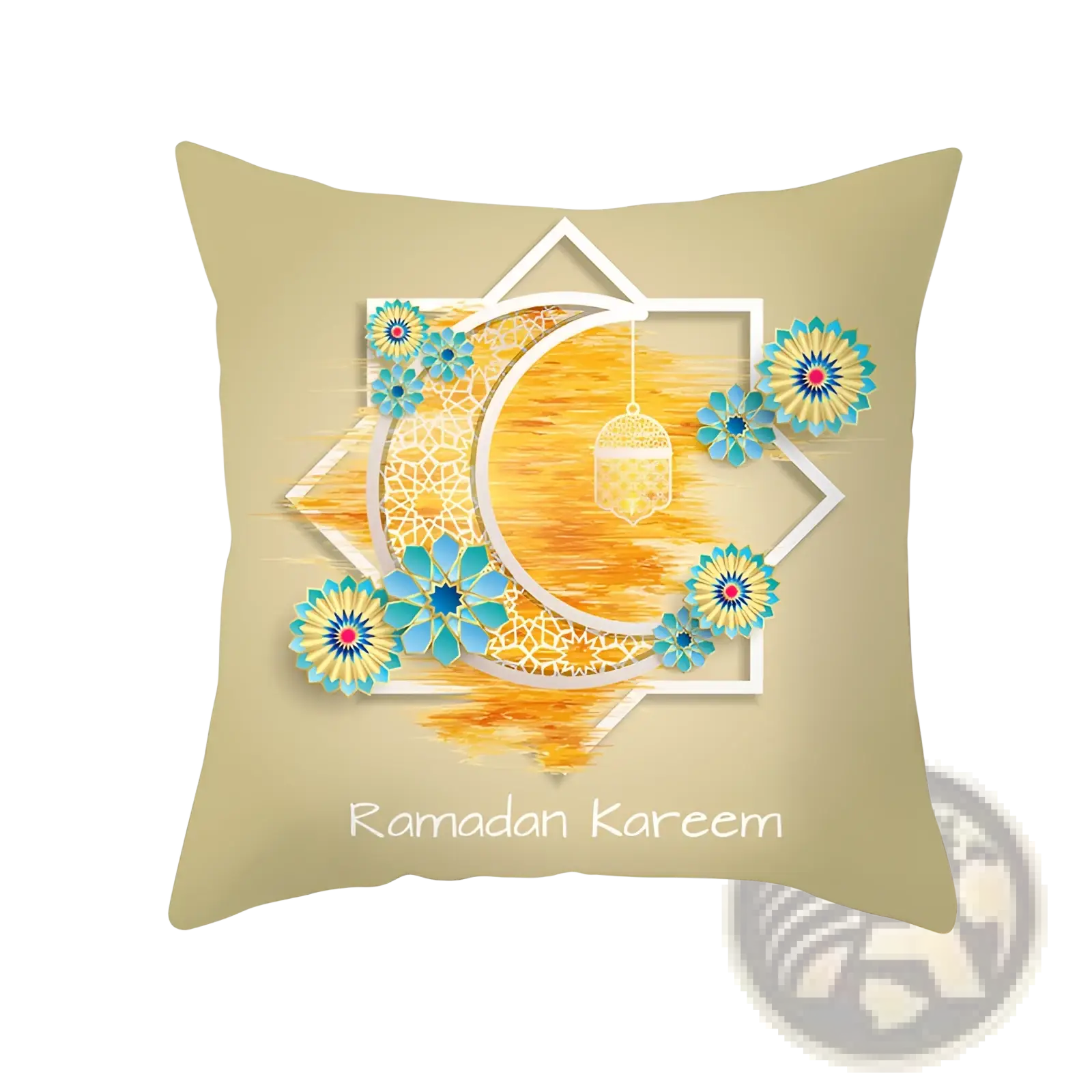 Beige ramadan kareem blue gold lantern eid pillowcase featuring turquoise and yellow flowers crescent moon and lantern design