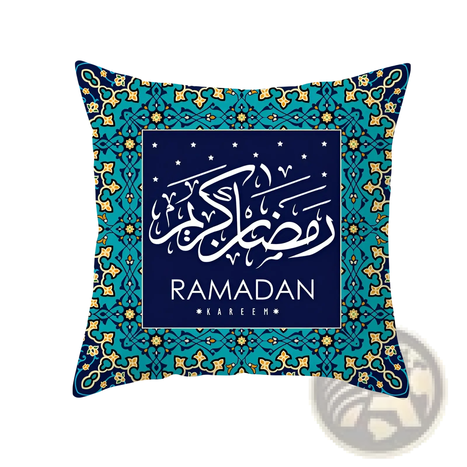 Ramadan Kareem blue gold lantern Eid pillowcase with teal gold pattern and central navy square featuring white Arabic calligraphy
