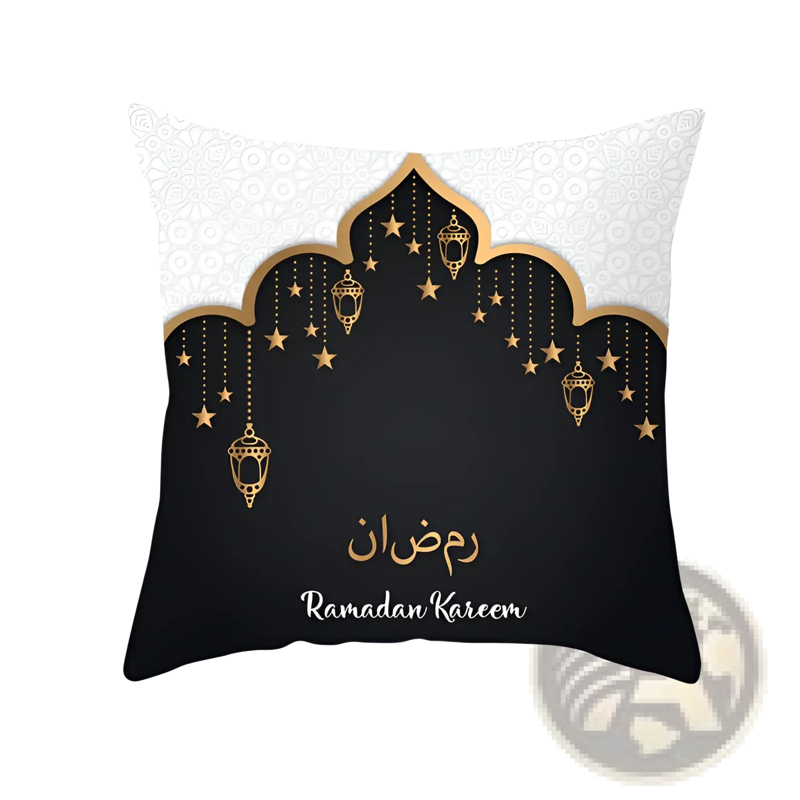 Black and gold decorative ramadan kareem pillowcase with intricate lanterns stars arabic and english text on white background
