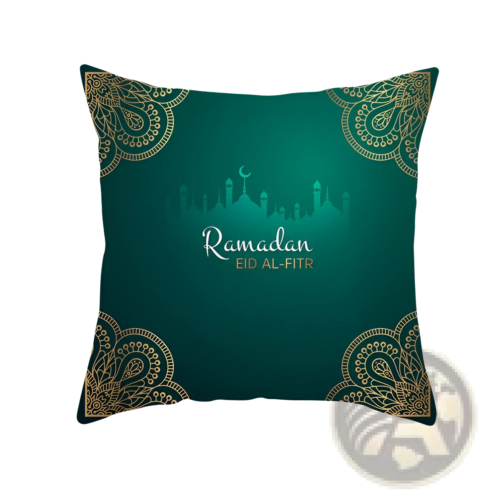 Teal decorative throw pillow with gold paisley patterns and mosque silhouette featuring ramadan eid al-fitr text