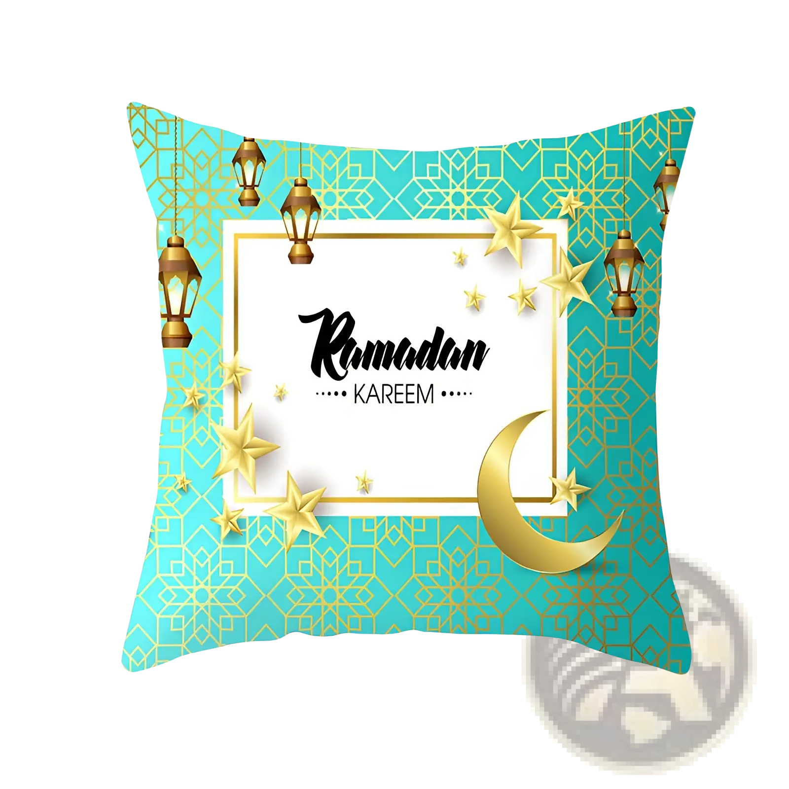 Ramadan Kareem blue and gold cotton pillowcase with turquoise patterned cushion featuring lanterns stars and crescent moon design