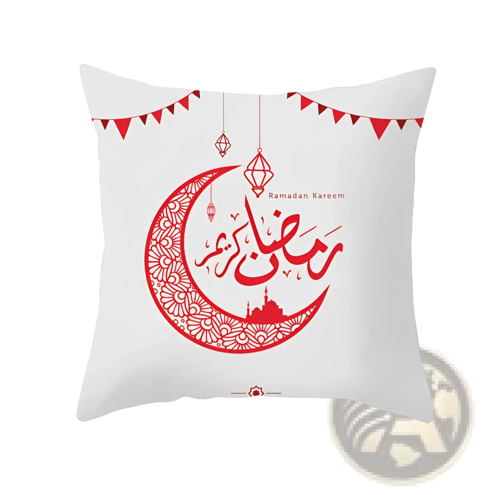 White throw pillow with red crescent moon floral patterns and ramadan kareem calligraphy for eid decor