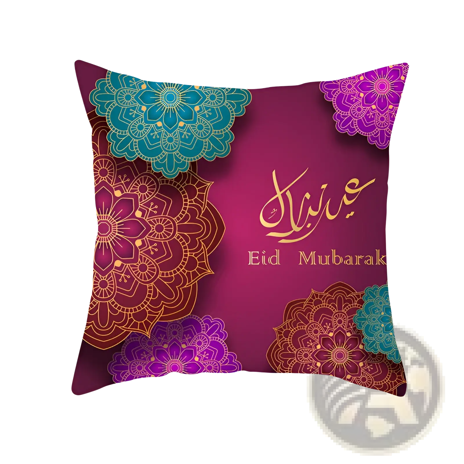 Ramadan Kareem blue gold lantern eid pillowcase with vibrant purple fabric and teal gold mandala eid mubarak design