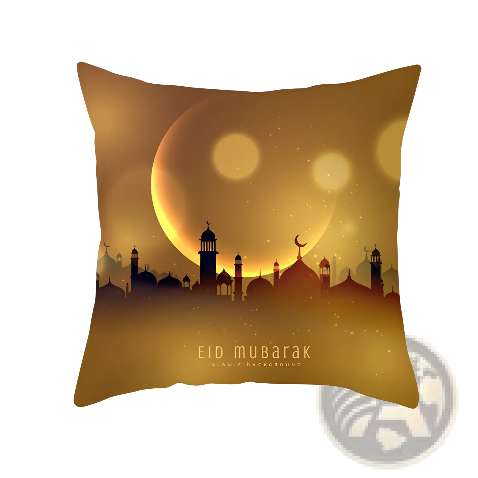 Golden throw pillow with islamic architecture silhouette and eid mubarak text for ramadan kareem celebration