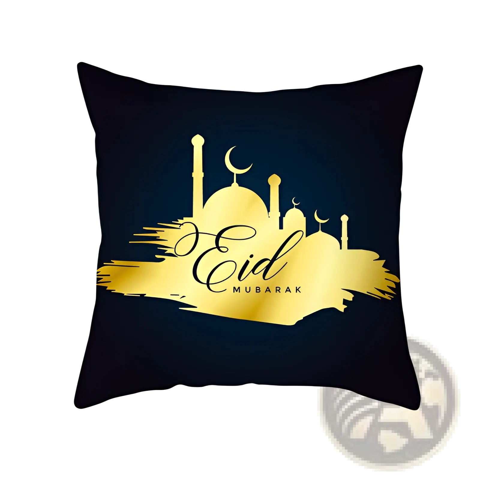 Black throw pillow with gold foil mosque silhouettes and eid mubarak text on brushstroke background for ramadan kareem