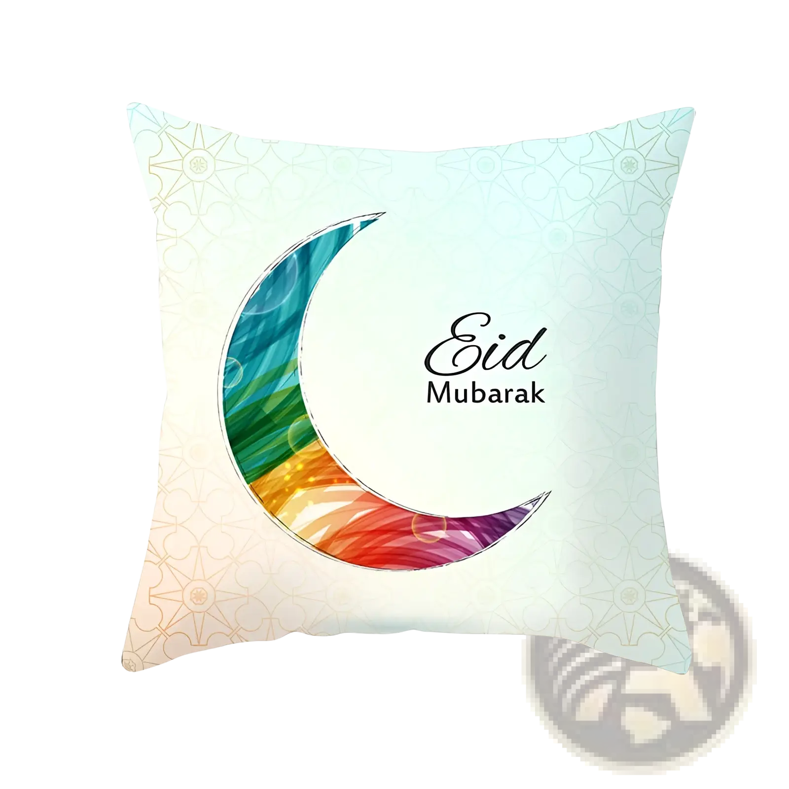 Ramadan Kareem blue gold lantern square cushion with vibrant rainbow crescent moon and eid mubarak script on pastel background