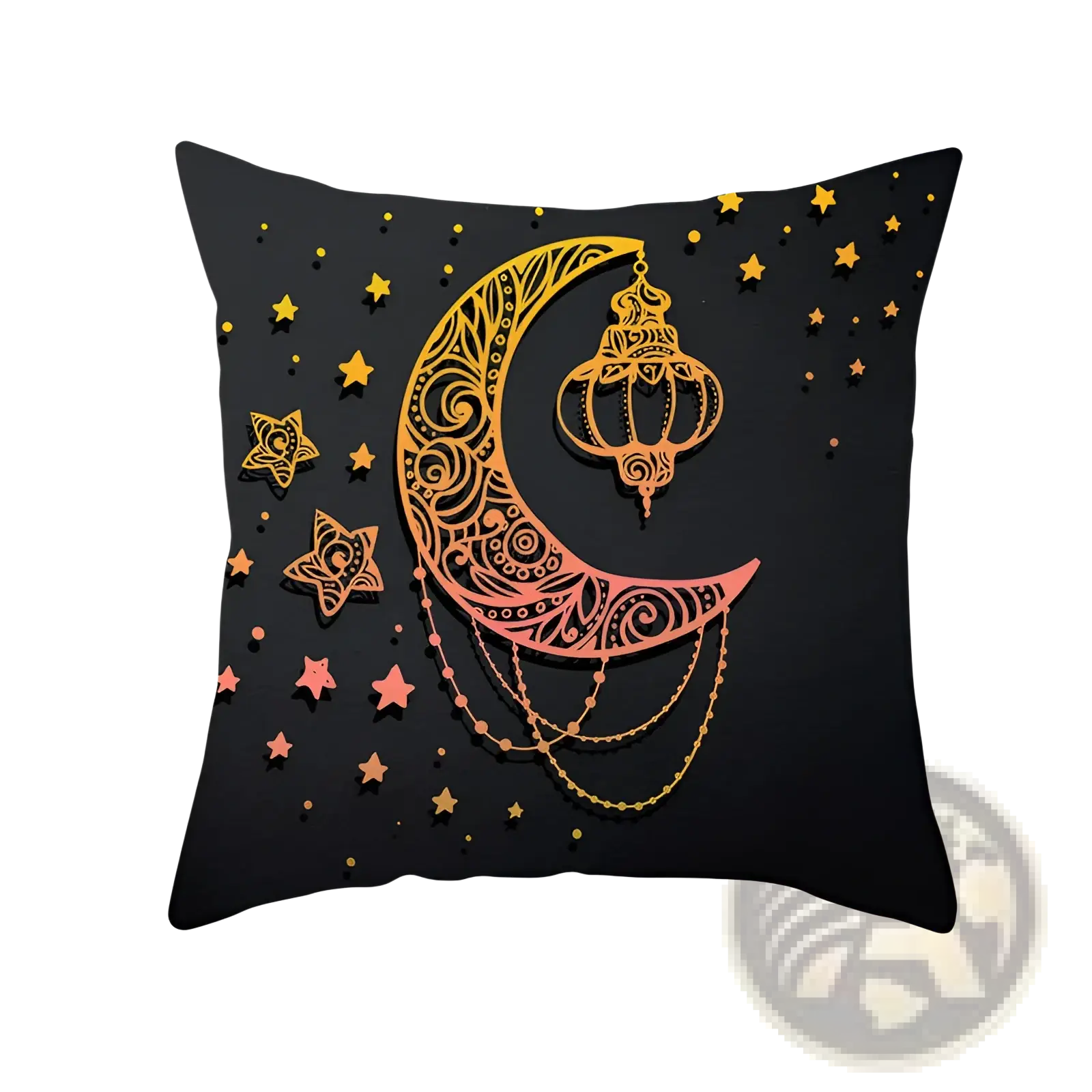Black Ramadan Kareem Eid throw pillow featuring gold and peach gradient crescent moon lantern design with star accents
