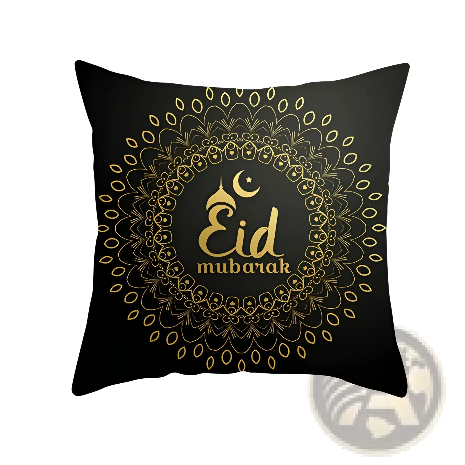 Ramadan Kareem blue gold lantern eid pillowcase featuring a black throw pillow with gold mandala and eid mubarak text