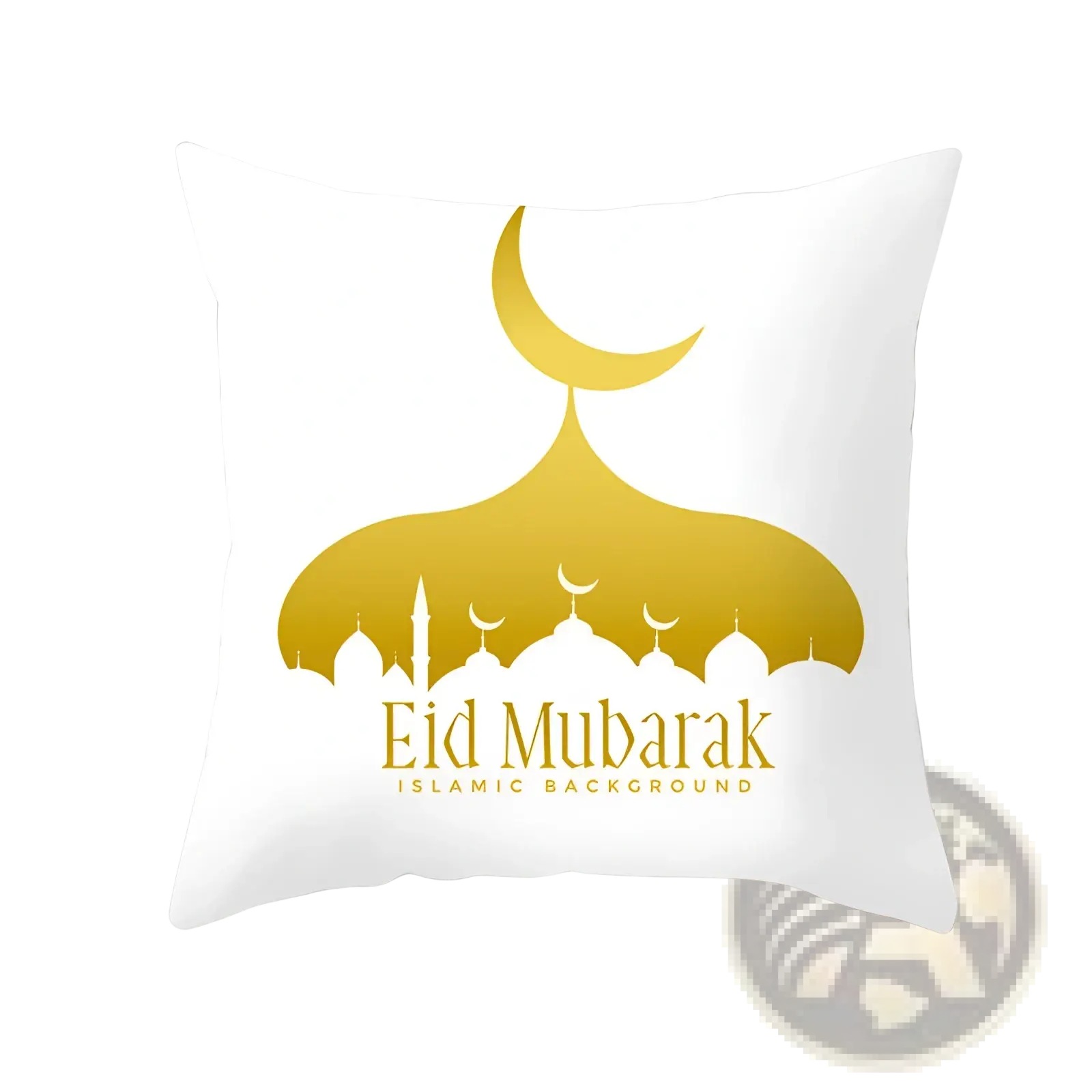 White throw pillow with gold mosque silhouette crescent moons and eid mubarak text for ramadan kareem decor