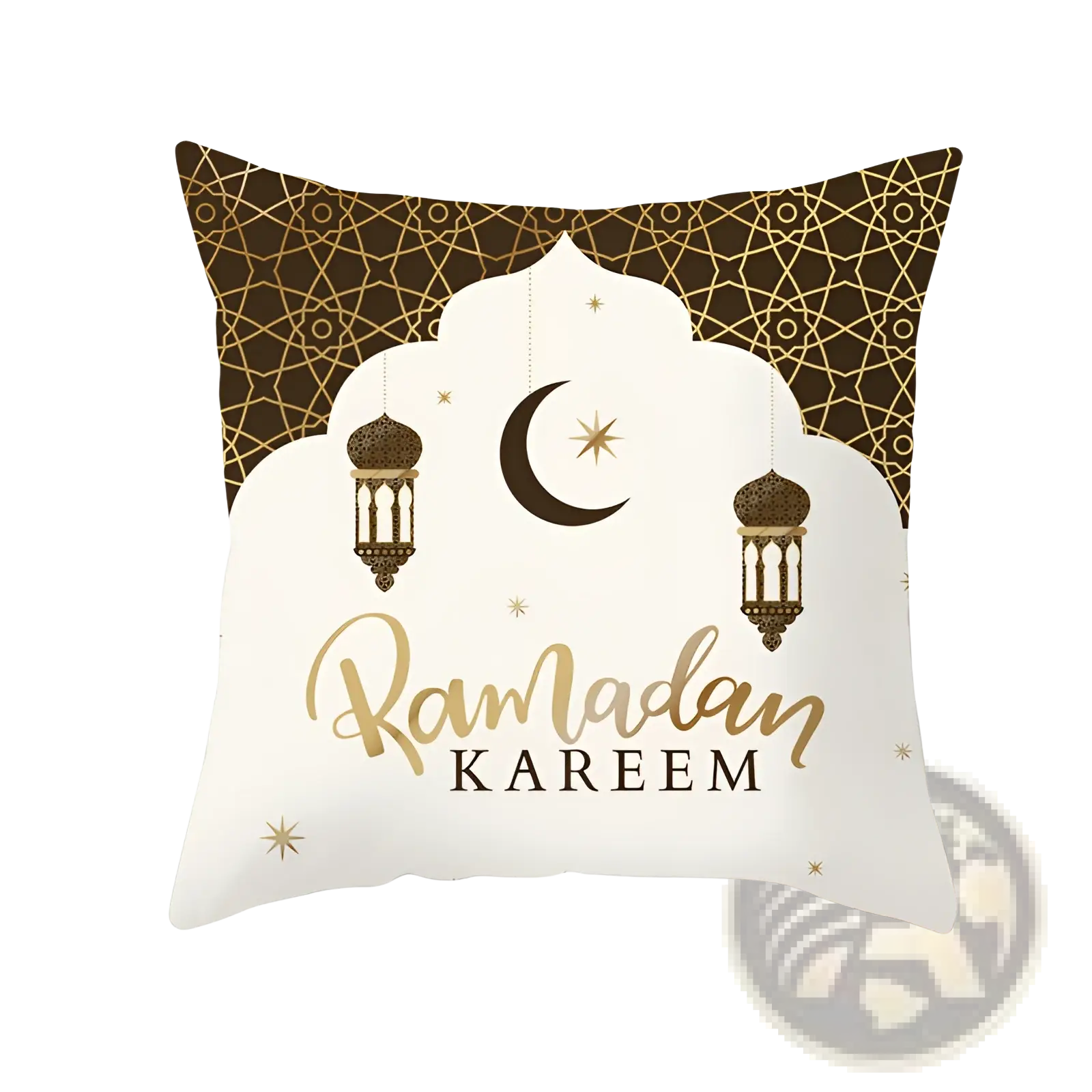 White throw pillow with gold and brown islamic lanterns crescent moon stars and ramadan kareem text in eid design