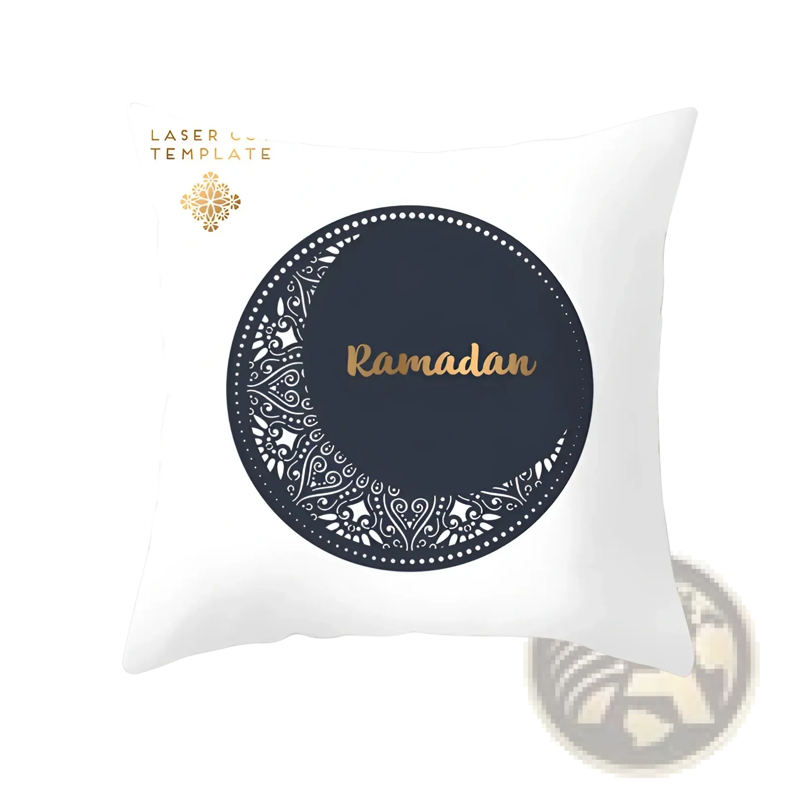 White cushion with navy blue circular lace design and gold ramadan lettering for eid pillowcase decoration