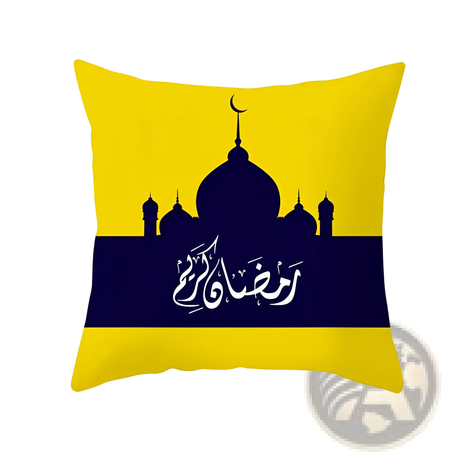 Yellow and navy blue throw pillowcase featuring a black mosque silhouette with Arabic calligraphy for Ramadan Kareem Eid decor