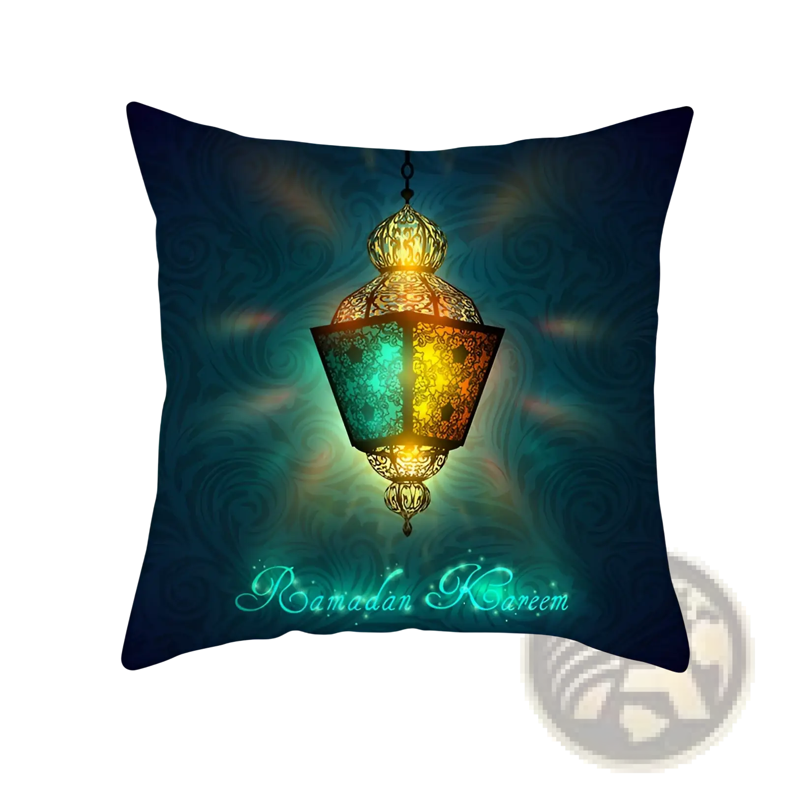 Ramadan kareem blue gold lantern Eid pillowcase with a vibrant glowing ornate lantern design on dark blue fabric