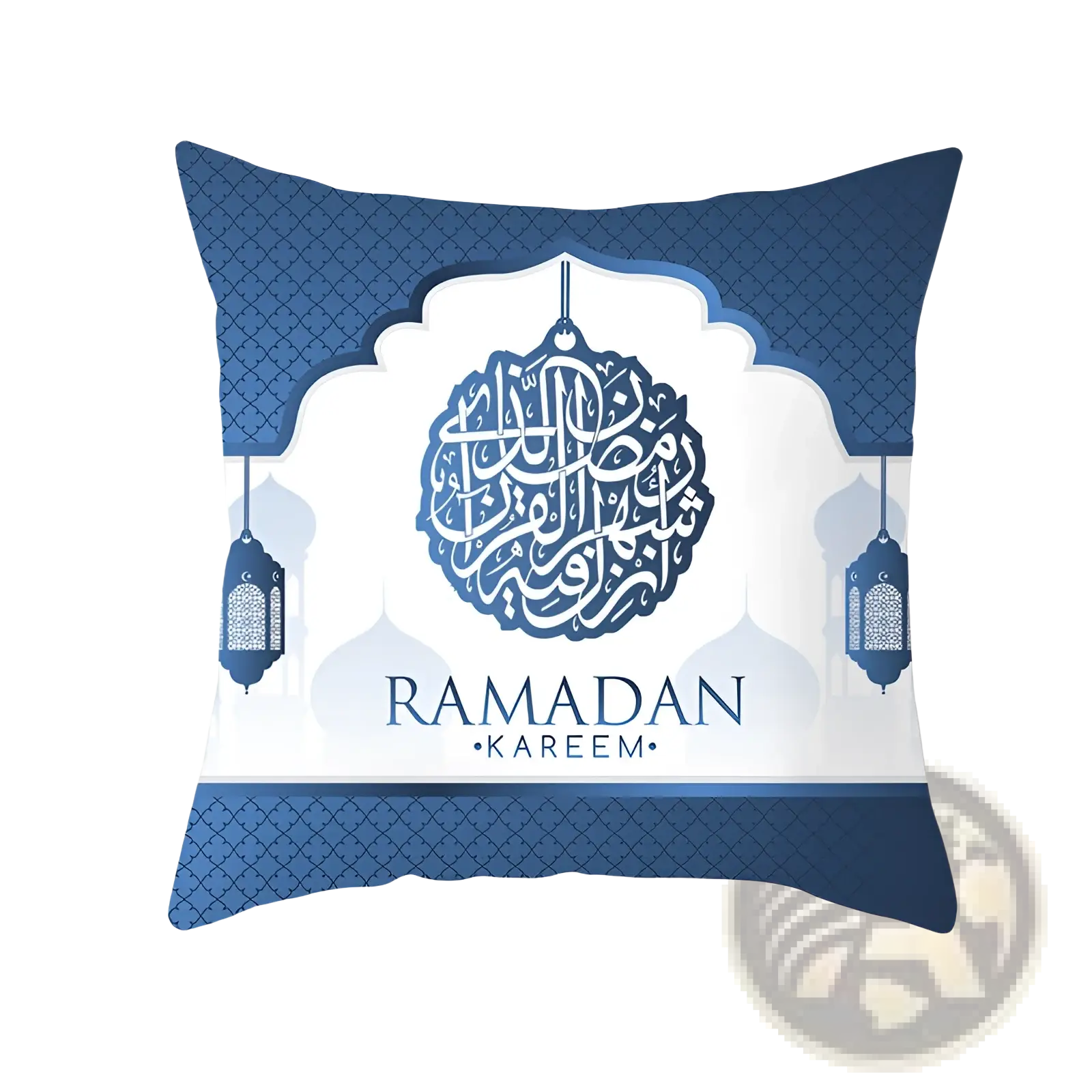 Ramadan Kareem blue and white decorative throw pillow with intricate arabic calligraphy mosque arch and hanging lanterns design