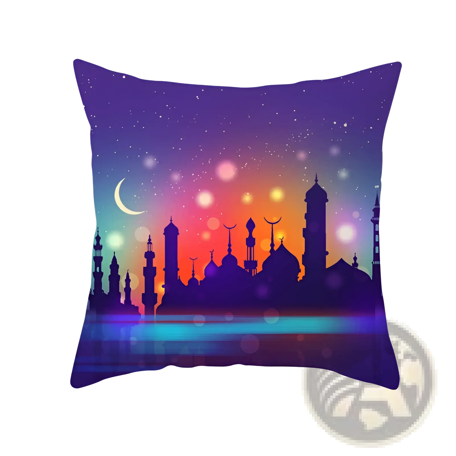 Ramadan kareem blue gold lantern eid pillowcase featuring a purple throw pillow with mosque minarets silhouette and crescent moon design