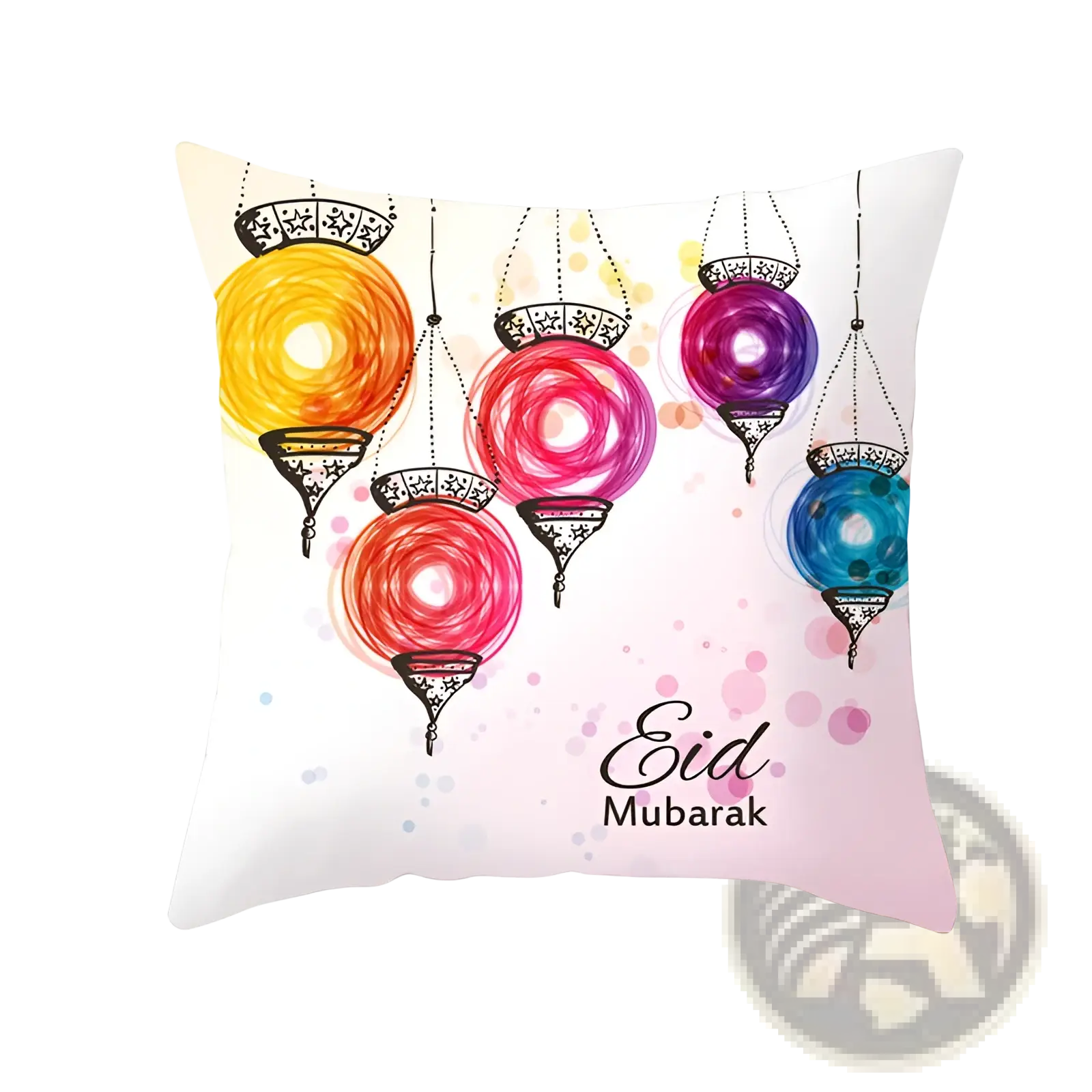 White cushion with vibrant watercolor yellow pink purple blue lanterns and black trim Eid Mubarak text Ramadan Kareem pillowcase